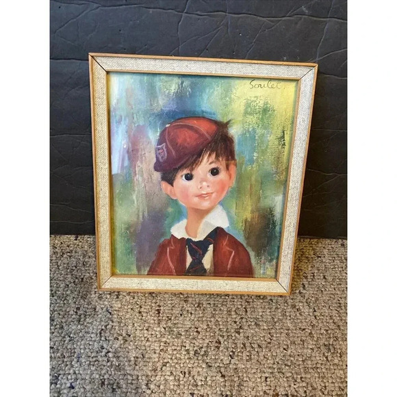 Francoise Soulet “Augustus” 1960’s Framed Print Smiled Wide Eyes Boy With Hat - Picture 6 of 7